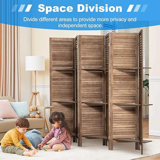 6 Panel Room Divider 5.6FT Louvered Design Room Dividers with Display Shelves Folding Privacy Screens Portable Freestanding Partition Wall Dividers for Bedroom & Office, Dark Brown
