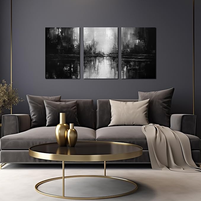 Large Abstract Canvas Wall Art for Living Room,Black and White Pictures Wall Art for Bedroom 16 x 24 Inch x 3 Pieces