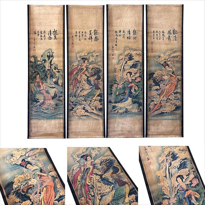 CIFIBIFUN Dragon Geisha Beauty Japan Style Ancient Replica Wall Poster Painting, Wooden Hanging Scroll, for Walls Print Decor (14"x49"x4PCS)