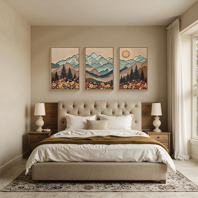 Large Wood Grain Mountain Framed Canvas Wall Art Set,Vintage Sunrise Forest Floral Wall Decor,Rustic Boho Natural Wilderness Art Printing for Living Room,Bedroom,Office-16 x24 x3