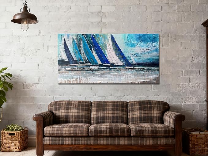 Arjun Blue Abstract Wall Art Canvas for Living Room Teal Ocean Sailboat Textured Bedroom Picture Modern Turquoise Coastal Nautical Painting Large Framed Artwork Home Office Wall Decor, 40"x20"