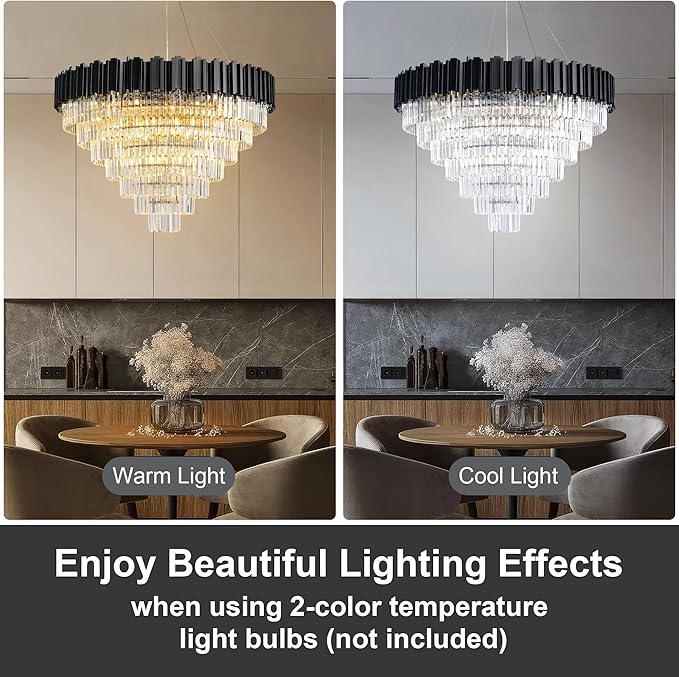 7-Tier 39" Black Chandelier, 21-Light Modern Crystal Chandelier, Luxury Round K9 Crystal Chandeliers Pendant Light Fixture for Dining Room, Living Room, Bedroom, Foyer, Entryway, Kitchen, Restaurant