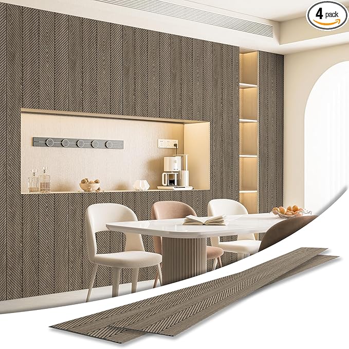Art3d 4-Pack Glue-On Herringbone Wainscoting Panel for Interior Wall Decor - 104 x 12 Inch Polystyrene Ultralight Slim Slat Wall Panels for Living Room Bedroom, Mahogany