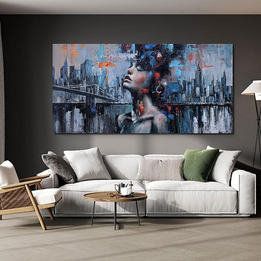 Navy Blue Abstract Wall Art Woman Picture for Living Room Modern Home Bedroom Decoration New York City Framed Cityscape Artwork Decor 20x40IN