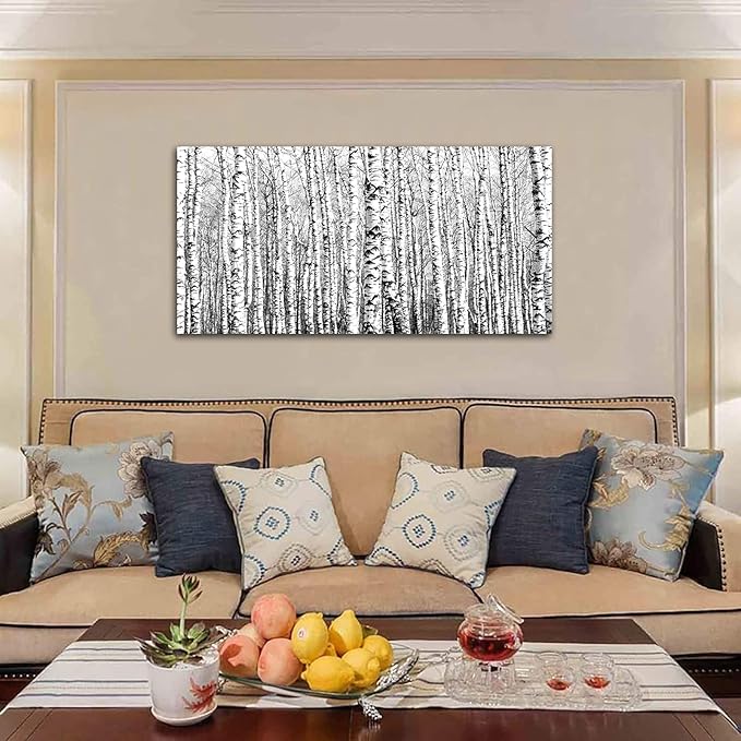 Birch Forest Canvas Wall Art for Living Room Wall Decor, Birch Woods Nature Pictures, Black and White Birch Trees Canvas Painting Artwork, Bedroom Home Office Wall Decorations, 20x40in