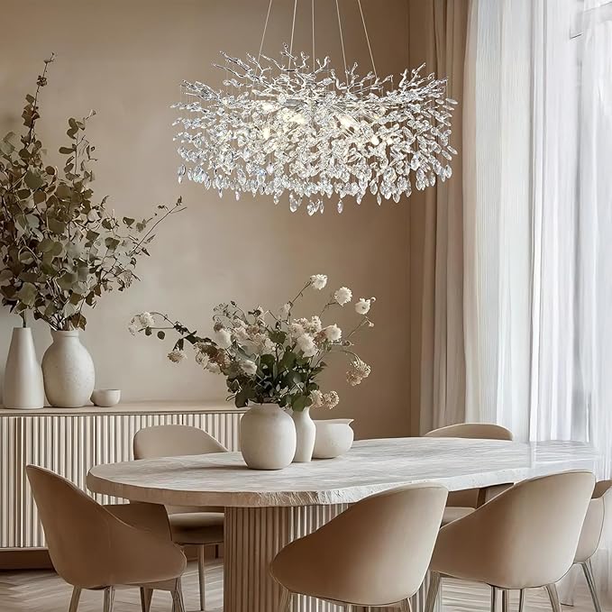 Modern Crystal Chandeliers for Dining Room, 40" Round Silver Tree Branches Chandeliers, Large Dining Room Over Table Chandeliers Lights Fixture, Branches and Crystals Ceiling Light Fixtures