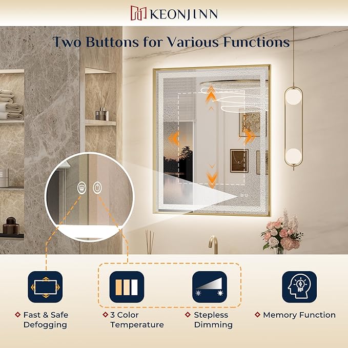 Keonjinn 48 x 36 Inch Large LED Mirror with Frontlit & Backlit, Gold Lighted Bathroom Mirror for Wall, HD Tempered Glass, UL Listed LED Driver, Beveled Framed, 3 Color Lights, Dimmable, Safe Defogging