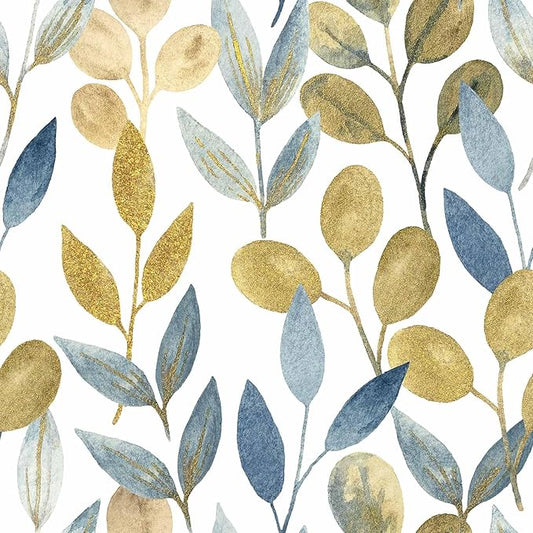 Blue Gold Leaf Peel and Stick Wallpaper Modern Self Adhesive Contact Paper Waterproof Removable Wall Paper for Bathroom Cabinets and Drawers 17.7"x70.8" Luxury Decorative Wallpaper