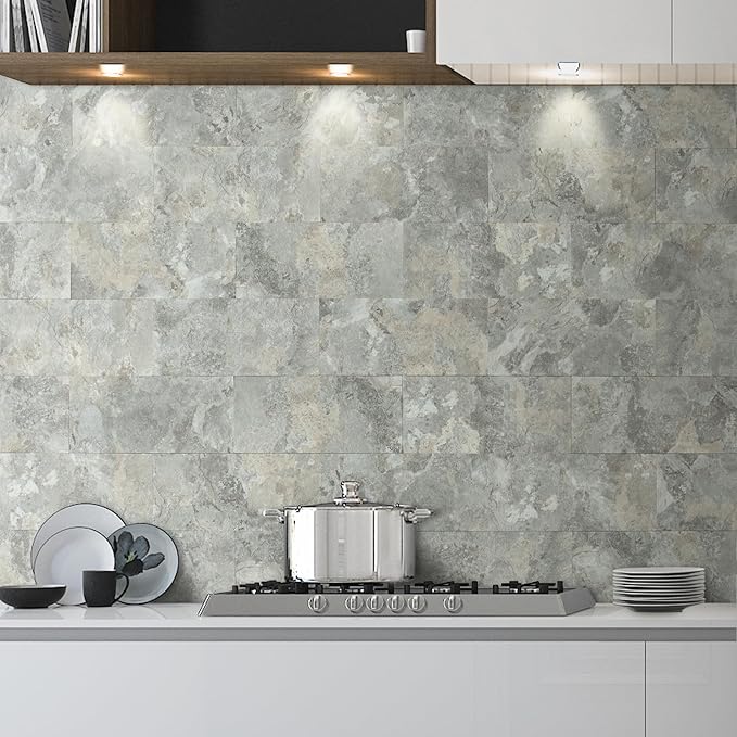 AULIGET 2-Piece Peel and Stick Backsplash Wall Tiles, 6" x 12" Grey & Beige Slate PVC Faux Stone Stick on Tiles for Backsplash Kitchen