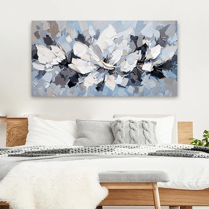 Abstract Canvas Wall Art Decor Modern White Wall Art for Living Room Abstract Canvas Art Wall Decor Flower Pictures Large Blue Wall Art Prints Artwork for Walls Bedroom Office Decor 24" X 48"