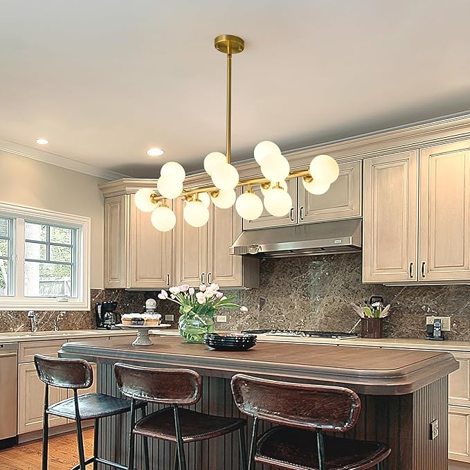 Mid Century Modern Sputnik Chandelier: 16-Light Globe Chandeliers over Table - White Glass Linear Chandelier Dining Room Light Fixture - Gold Brass Modern Chandeliers for Living Room Kitchen Island