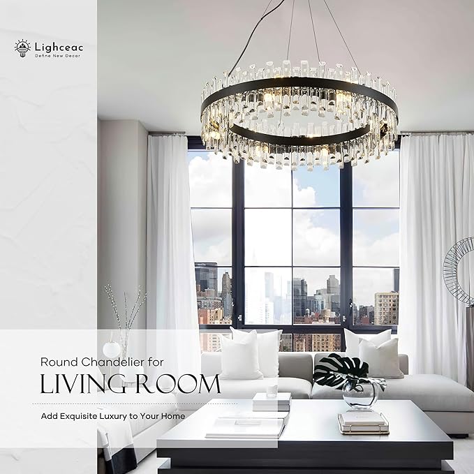 31.9" Black Modern Crystal Chandelier Light Fixtures Luxury 2 Ring Crystal Chandeliers for Dining Room 16-Light Round Hanging Pendant Lighting for Living Room Kitchen Island Entryway Bedroom