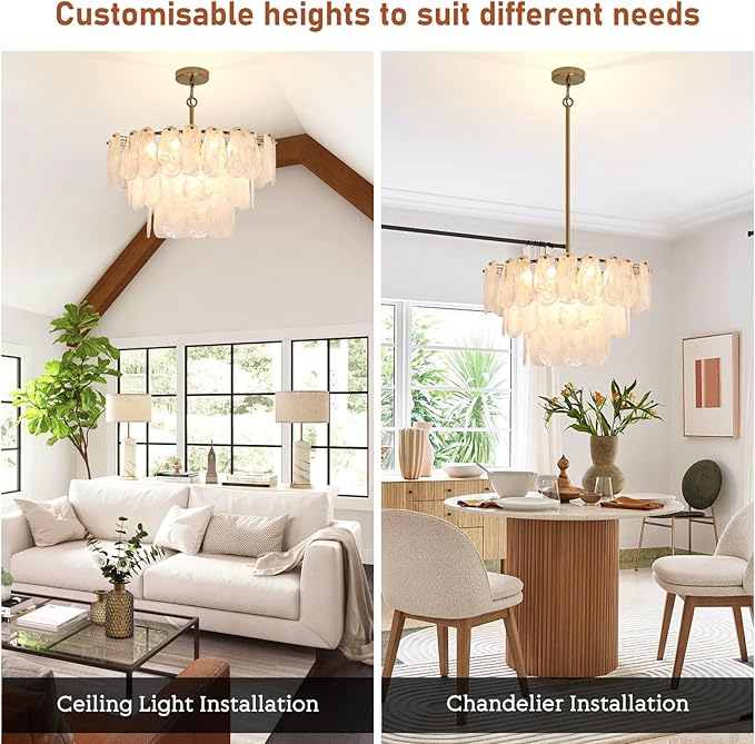 Modern Gold Glass Chandeliers, 9-Light Luxury Cloud Pendant Light Fixture, 3-Tiers Round Ceiling Hanging Light Fixture for Bedroom Dining Room Kitchen Island Living Room Entryway Bar L23.6'' (E12)