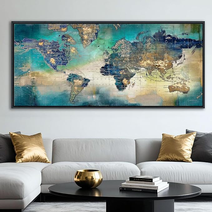 Large World Map Canvas Prints Wall Art for Living Room Office Green World Map Picture Artwork Decor for Home Decoration Black Framed Wall Art