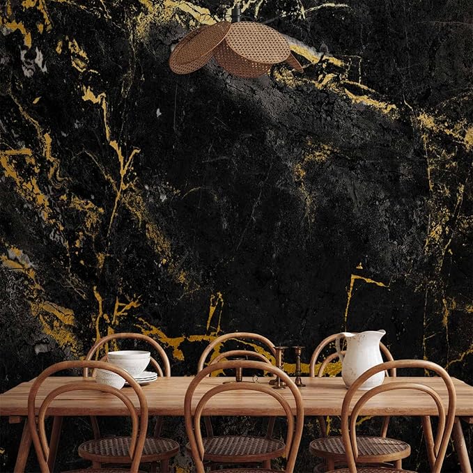 artgeist Premium Wall Mural Stone Wall 157x110 in - XXL Non-Woven Wallpaper Fleece Wall Decor Photo Print Picture Image Design Marble Like Abstract 3D Golden Black f-C-0461-a-a