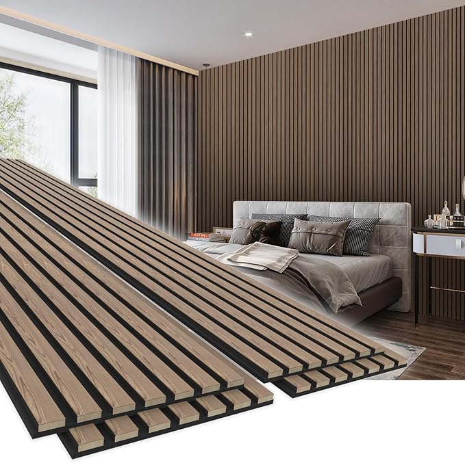 4 Pack 94.5" × 11" Wood Panels for Wall, Acoustic Soundproof Wall Slat Panels, 3D Wall Panels for Home Office Decoration, Natural Walnut