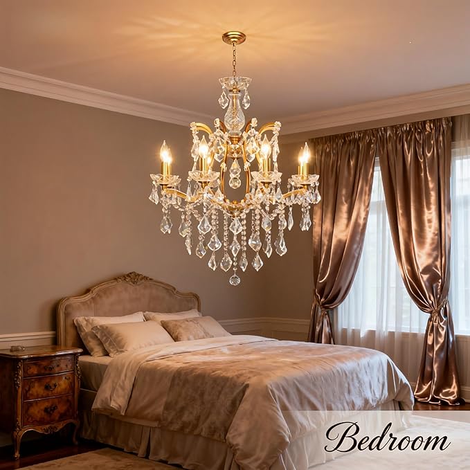 Antique Gold Crystal Chandeliers, Candle Pendant Ceiling Light Fixture 8-Lights Luxury Polished Golden Bronze Crystal Chandelier Adjustable Chain for Dining Living Room Foyer Hallway