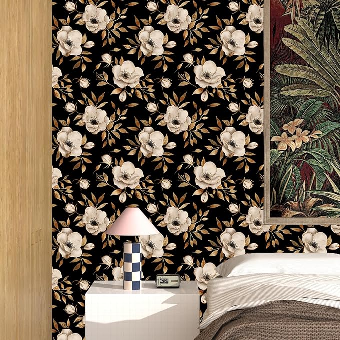 Black Floral Peel and Stick Wallpaper Gold Flowers Contact Paper Self-Adhesive Waterproof Vintage Dark Floral Wall Paper for Bedroom Shelf Liner Cabinet Stair 17.5"x118"