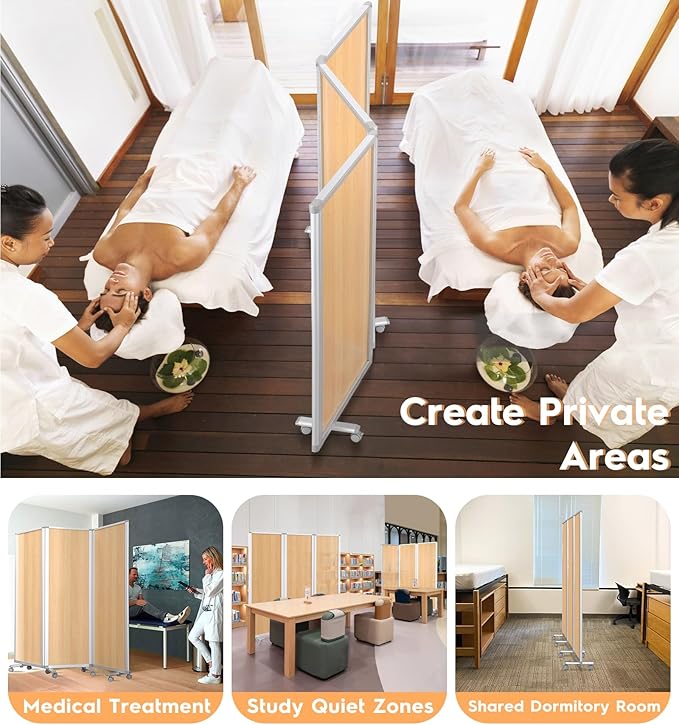 3-Panel Room Partition Mobile Wall Divider Folding Privacy Screen Temporary Room Separator,Natural Wood Grain Print,71" H x 24" W