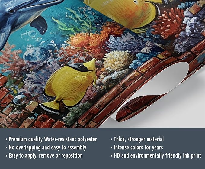 Ocean World Mural Wallpaper, Cartoon Dolphin Murals, Coral Starfish Poster Murals Wallpaper for Living Room Bedroom Home Decor Mural - 137.8" W x 104" H (Not Peel Stick)