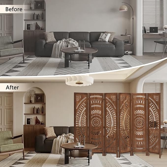 6 Panel Wood Room Divider Fully Assembled, Decorative Room Dividers and Folding Screens, 5.6Ft Room Divider Screen Freestanding Partition Wall Dividers for Home Bedroom Office, Dark Brown