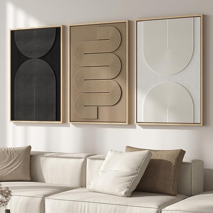Large 3D Textured Framed Boho Neutral Abstract Wall Art for Living Room, 3 Piece Modern Paintings Artwork for Walls, Black White Brown Minimalist Geometric Pictures for Hallway Office Wall Decor 24x36 In