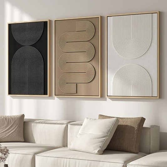 Large 3D Textured Framed Boho Neutral Abstract Wall Art for Living Room, 3 Piece Modern Paintings Artwork for Walls, Black White Brown Minimalist Geometric Pictures for Hallway Office Wall Decor 24x36 In