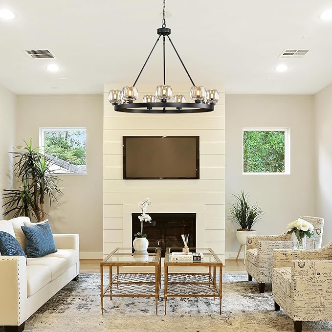 Black Wagon Wheel Chandelier, 36 Inch Black Chandeliers with Unique Glass Shade, 9-Light Crystal Farmhouse Wagon Wheel Chandeliers for Dining Room, Round Chandelier for Living Room, Foyer, Entryway