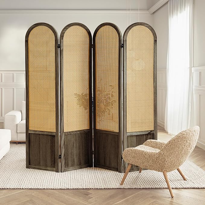 4 Panel Room Divider and Folding Privacy Screen, 5.6 Ft Foldable Double Hinged Rattan Partition, Hand-Woven Rattan Room Divider Portable Wood Freestanding Wall Divider for Room Separation - Brown