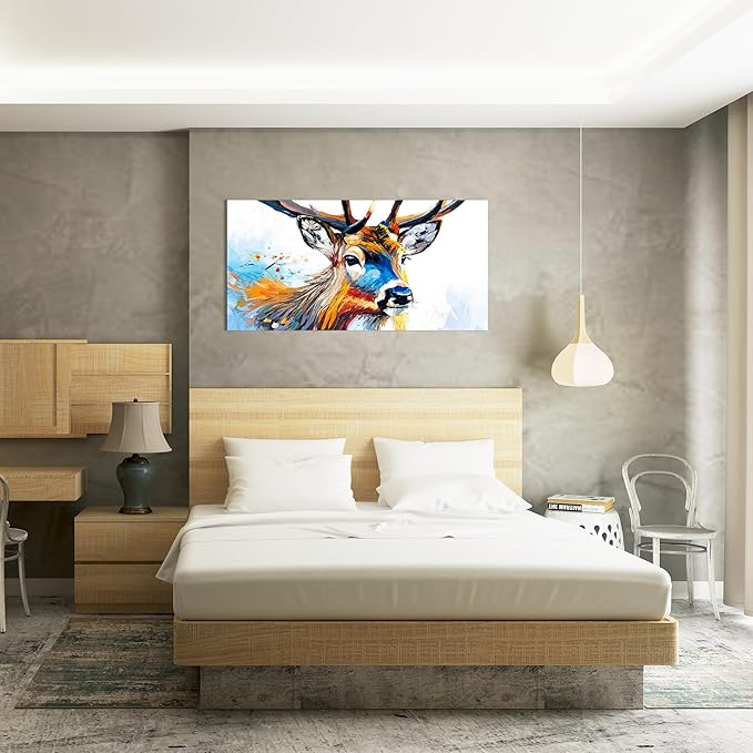 AmoyArt Deer Wall Art for Living Room, Animal Canvas Wall-Decor for Bedroom, Colorful Print Picture for Home, Large Size 58x29 Inches