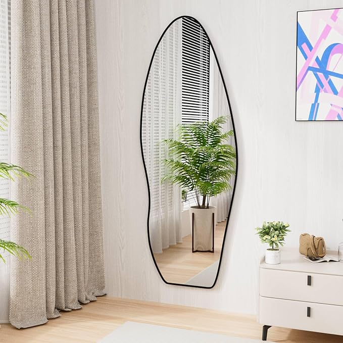 63" X 24" Full Length Mirror Full Body Wavy Mirror Aluminum Alloy Frame Large Wall-Mounted Dressing Hanging or Leaning Against Irregular Wall Mirrors for Living Room Bedroom (Black, 63"x 24")