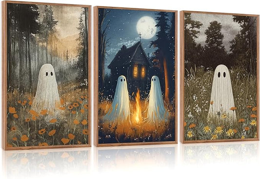 CHDITB Spooky Ghost Framed Canvas Wall Art Set, Halloween Party Gothic Wall Decor, Moonlit Cabin Art Cute Ghost Wall Painting, Vintage Country Landscape Art Prints for Living Room Bedroom 16"x24"x3