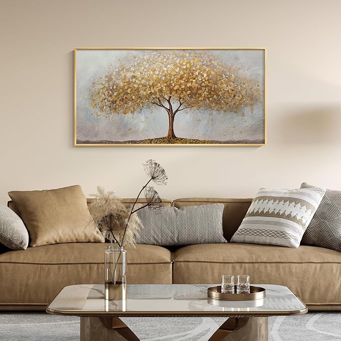 Large Framed Tree of Life Gold Wall Art, Large Canvas Prints Paintings Artwork for Walls, Modern Luxury Golden Big Tree Pictures for Living Room Fireplace Bedroom Kitchen Dining Room Office Wall Decor