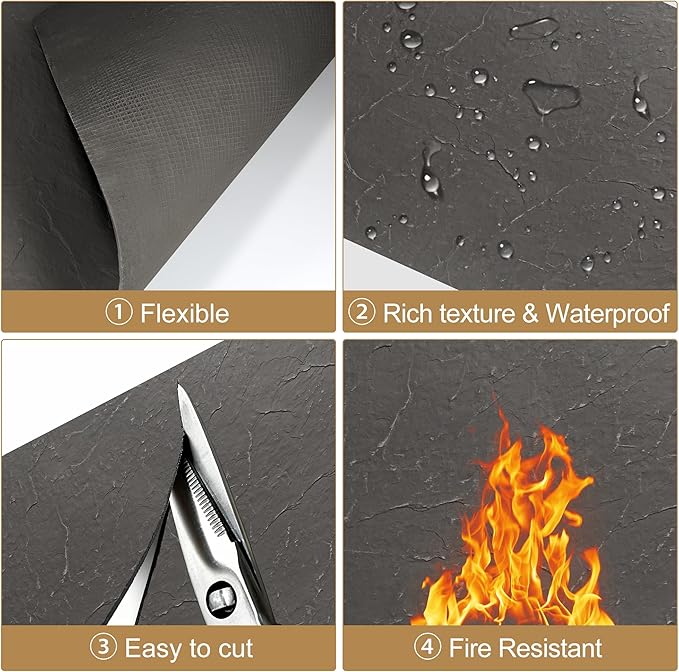 KASARO 3D Faux Stone Wall Panels, 4 PCS MCM Flexible Wainscoting Panels for Exterior/Interior Decor, Modified Clay Material, Accent for Home, Art, Commercial, Stone Black, 47.2 × 23.6 inch