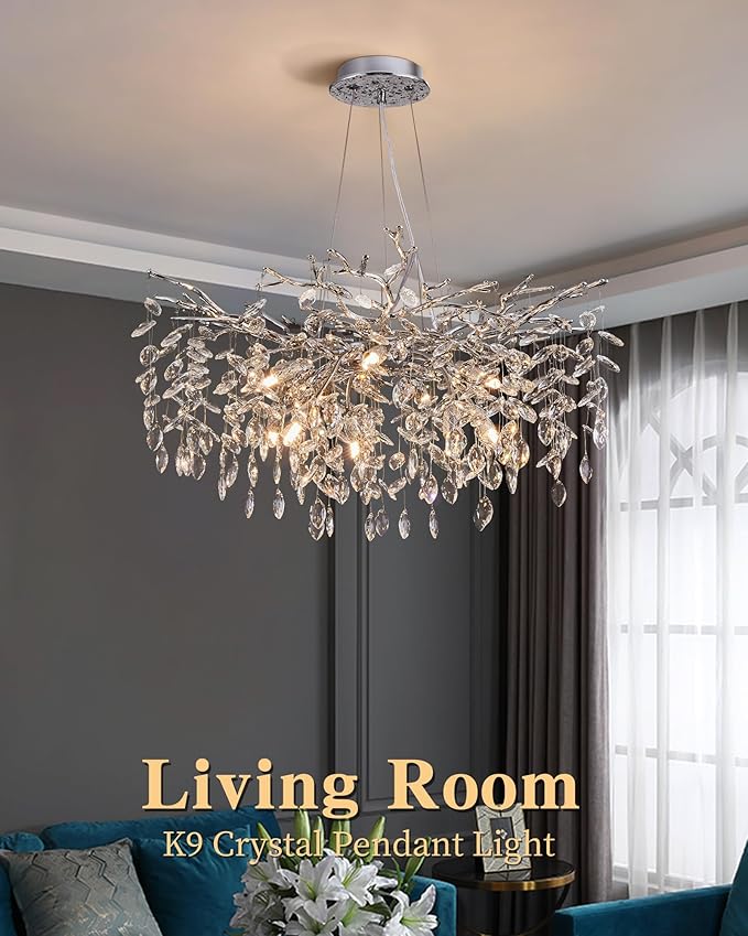Modern Tree Branch Crystal Chandelier Luxury Silver Crystal Pendant Lighting 30" Contemporary 10-Light Chandeliers for Dining Room Kitchen Bedroom Living Room