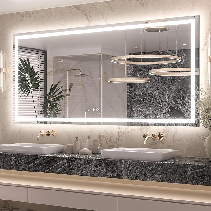 Keonjinn 72" x 36" Lighted Mirror for Bathroom Wall, LED Mirror with Frontlit & Backlit, Large Bathroom Mirror with Lights, Dimmable 3-Color Lights, HD Tempered Glass, UL-Listed LED Driver