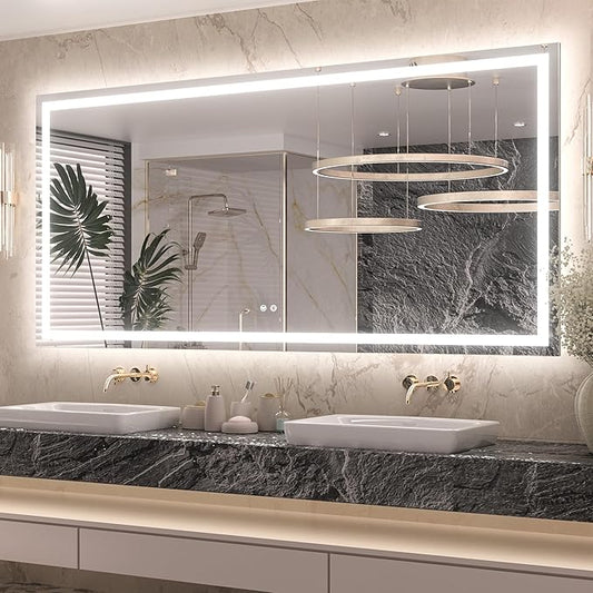 Keonjinn 72" x 36" Lighted Mirror for Bathroom Wall, LED Mirror with Frontlit & Backlit, Large Bathroom Mirror with Lights, Dimmable 3-Color Lights, HD Tempered Glass, UL-Listed LED Driver