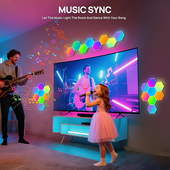 KORORO Hexagon LED Lights - 8 Pack Smart APP RGB Gaming Light with Remote Control & Music Sync Honeycomb Shape Hex Lights for Bedroom, Living Room Wall, Gaming Decor