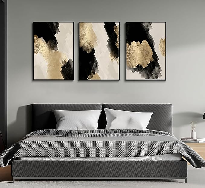 3Pcs Black and Gold Abstract Wall Art Modern Minimalist Posters Prints Neutral Abstract Pictures Painting Wall Decor for Living Room Bedroom Office Decoration Unframed