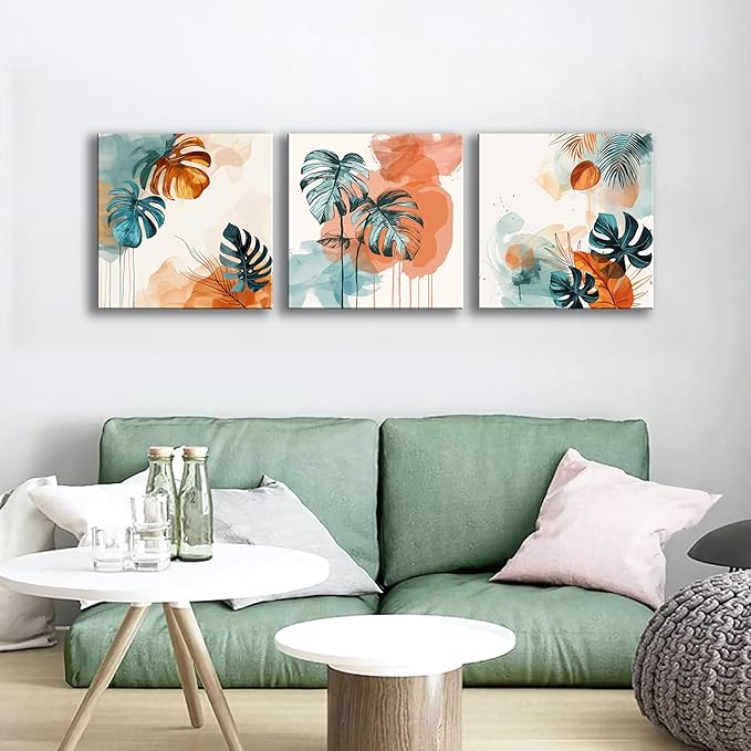 NAN Wind 3Pcs Abstract Tropical Leaves Canvas Art Modern Botanical Wall Decor Teal and Orange Leaf Minimalist Jungle Wall Art Framed Contemporary Nature-Inspired Print for Living Room or Bedroom