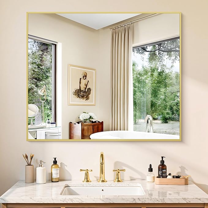 KOCUUY Gold Bathroom Mirror, 30"x36" Rectangle Bathroom Mirror for Wall, HD Tempered Glass, Anti-Rust Frame, Modern Design for Bathroom, Bedroom, Living Room, Entryway