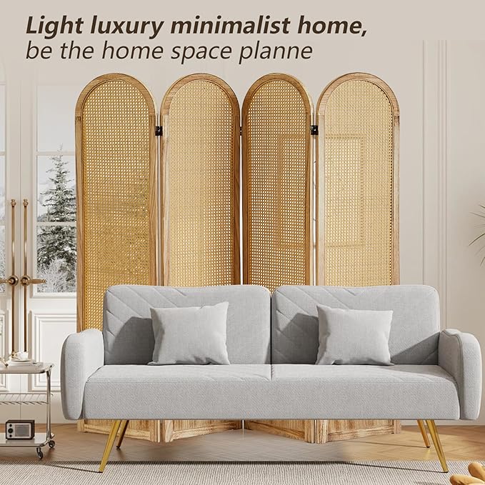 4 Panel Rattan Room Divier, Room Divider Panel and Folding Privacy Screens, Room Divider Wall, Solid Wood Frame, Partition Room Dividers, Bedroom, Dining Room, Lounge, Light Brown