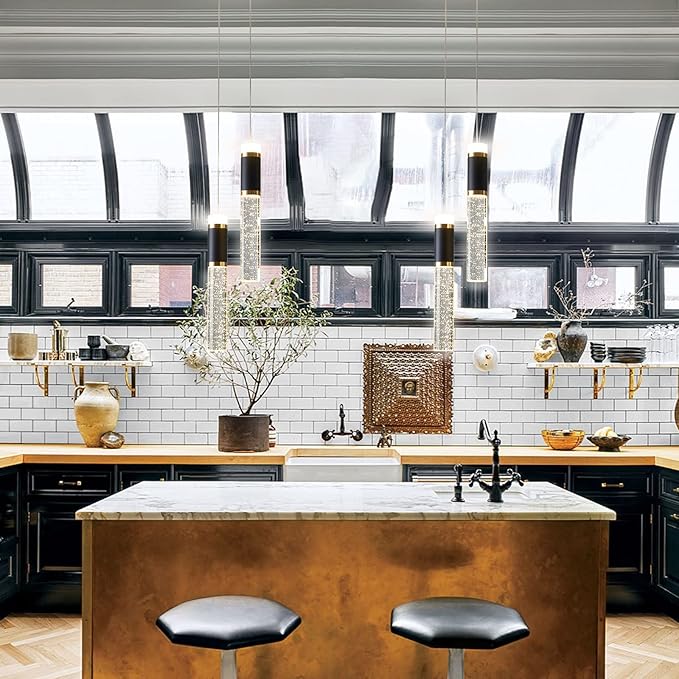 Led Pendant Light,Crystal Modern Kitchen Island Light Fixture,Adjustable Pendant Lighting for Kitchen Island,Black Gold Led Chandelier for Dining Room,Bedroom,Mini Pendant Spot Lights (2-Light)