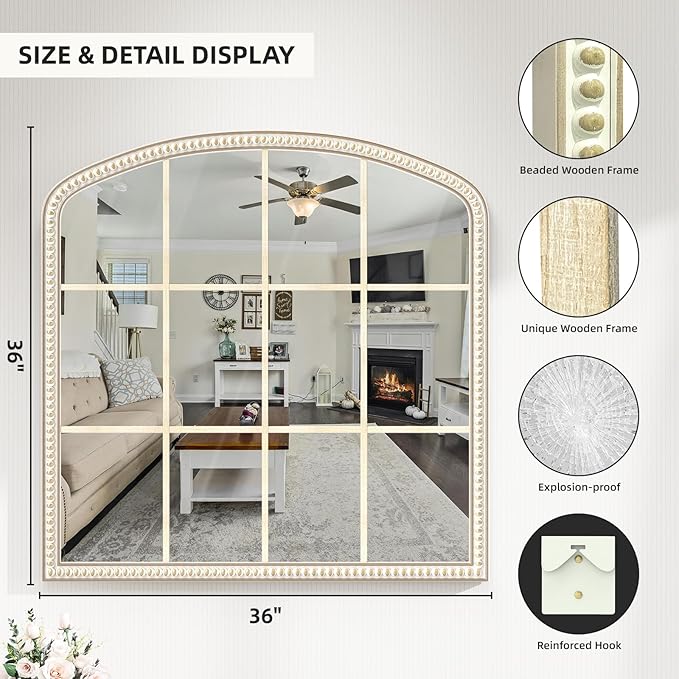 36''x36'' Wooden Wide Arched Mirrors for Wall with Window Girds, Large Farmhouse Decorative Mirror for Living Room, Entryway, Hallway, Fireplace, Bathroom
