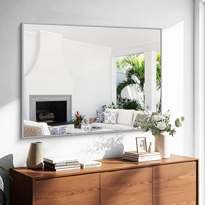 KOCUUY Silver Bathroom Mirror, 48"x36" Large Rectangle Bathroom Mirror for Wall, HD Tempered Glass, Anti-Rust Brushed Silver Frame, Modern Design for Bathroom, Bedroom, Hang Horizontal/Vertical