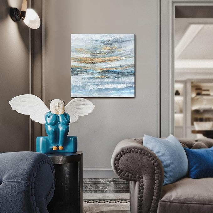 Abstract Canvas Wall Art Framed Light Blue Canvas Print Coastal Theme Artwork Modern Ocean Skyline and Sunset & Sunrise in the Seaside Large Sea Picture for Home Bedroom Decor 24x24inch