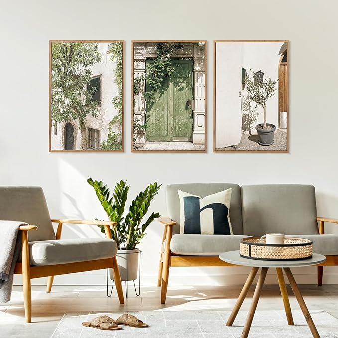 CHDITB Vintage Italy City Framed Wall Art, Nature Botanical Olive Green Wall Decor, Rustic Italian Landscape Painting, Modern Minimalist Country Art Prints for Living Room, Bedroom, Office 24"x36"x3