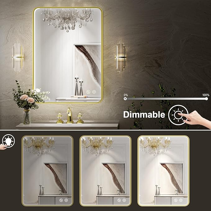 20X28 Inch Framed LED Lighted Bathroom Mirror,Wall Mounted Gold Metal Vanity Mirrors with Lights,Dimmable Illuminated Anti-Fog Mirror(Horizontal/Vertical)