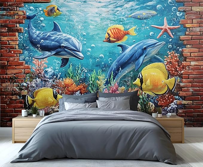 Ocean World Mural Wallpaper, Cartoon Dolphin Murals, Coral Starfish Poster Murals Wallpaper for Living Room Bedroom Home Decor Mural - 169.3" W x 118.6" H (Not Peel Stick)