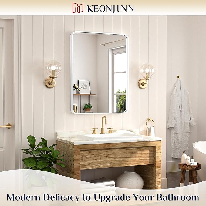Keonjinn White Bathroom Mirror for Over Sink, 24 x 32 Inch Metal Framed Bathroom Vanity Mirrors for Wall, Rounded Corner Rectangle Farmhouse Mirror, Anti-Rust, HD Tempered Glass(Horizontal/Vertical)